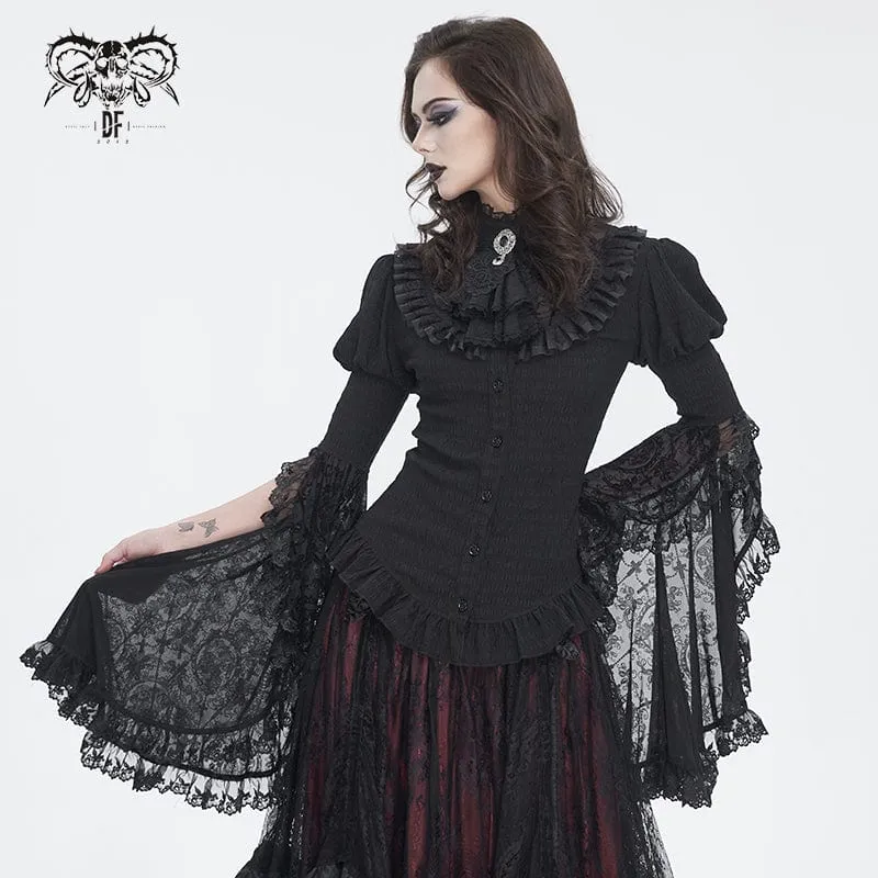 Damen-Gothic-Hemd mit Puffärmeln, Rüschen und abgesetzter Krawatte