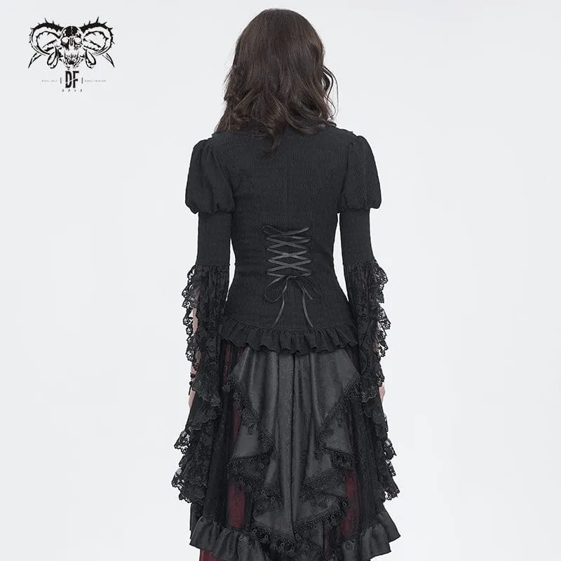 Damen-Gothic-Hemd mit Puffärmeln, Rüschen und abgesetzter Krawatte
