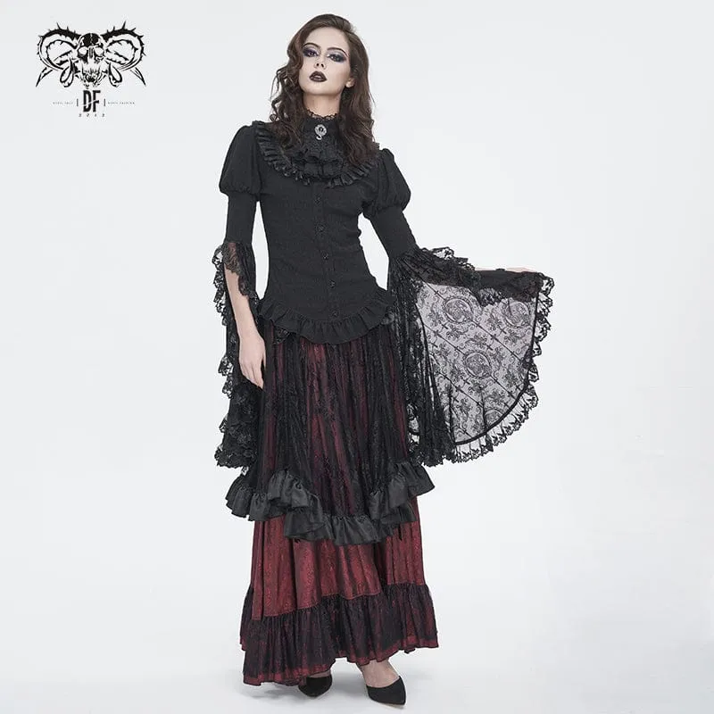 Damen-Gothic-Hemd mit Puffärmeln, Rüschen und abgesetzter Krawatte