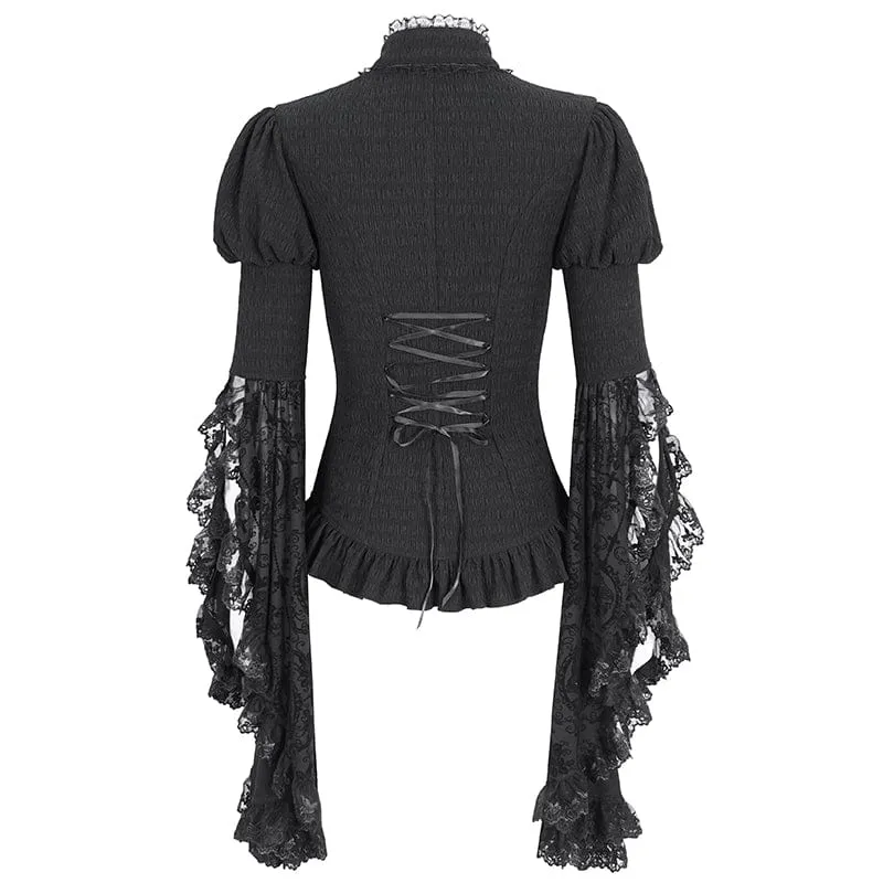 Damen-Gothic-Hemd mit Puffärmeln, Rüschen und abgesetzter Krawatte