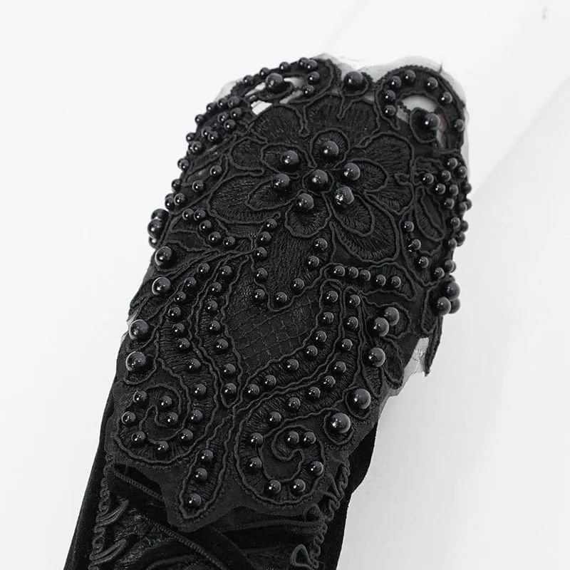 Damen-Gothic-Samthandschuhe mit Blumenmuster und Perlen