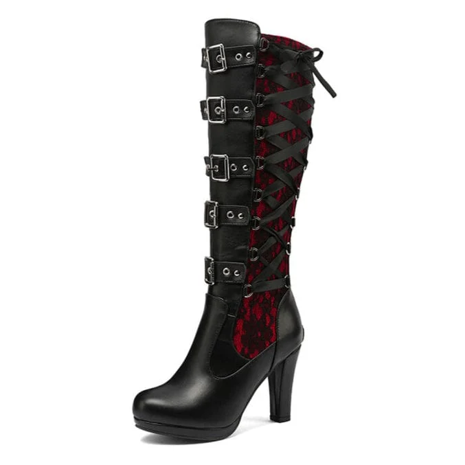 Hohe Stiefel mit Punk-Schnalle und Schnürung für Damen