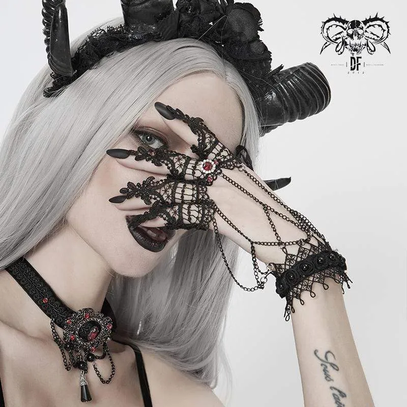 Viktorianische Gothic-Handschuhe aus schwarzer Spitze und Kette für Damen