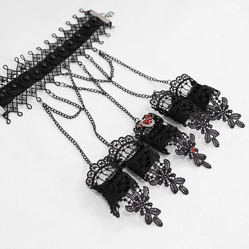 Viktorianische Gothic-Handschuhe aus schwarzer Spitze und Kette für Damen