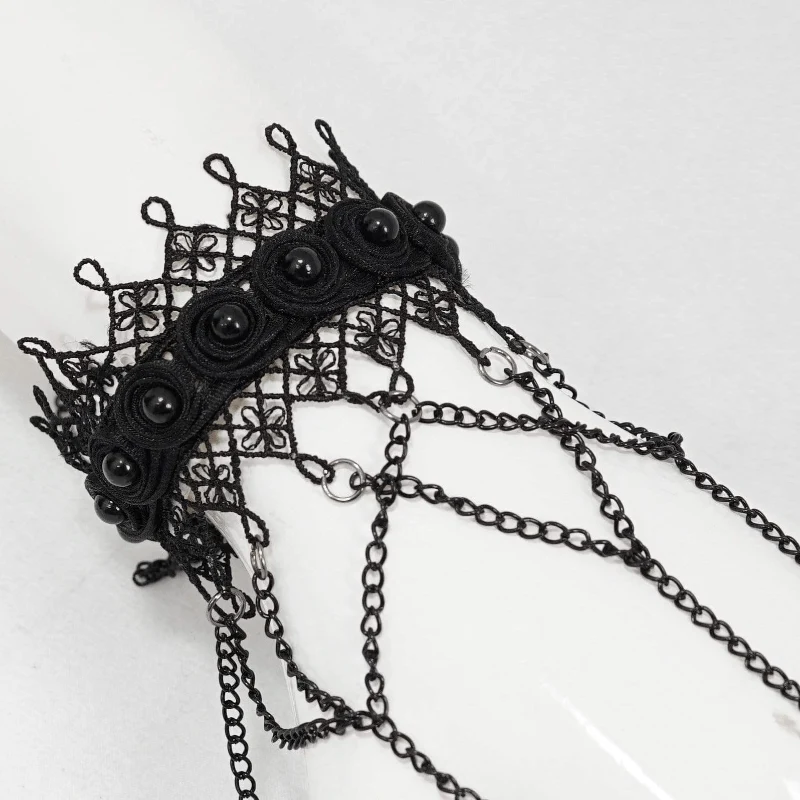 Viktorianische Gothic-Handschuhe aus schwarzer Spitze und Kette für Damen