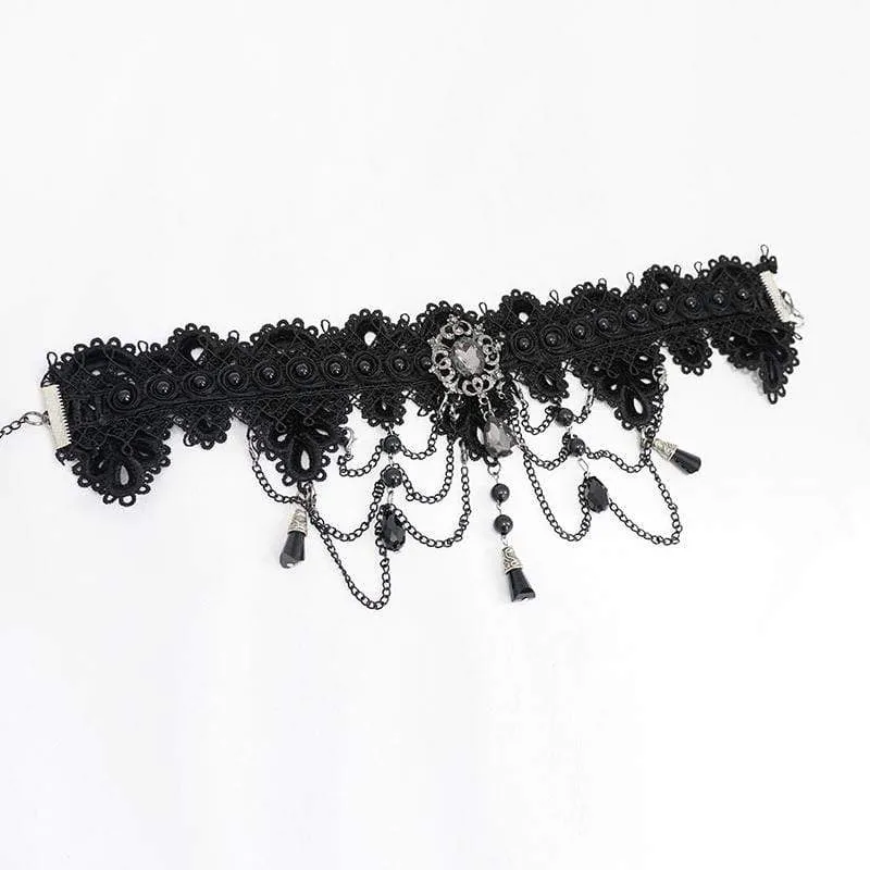 Viktorianische Gothic-Handschuhe aus schwarzer Spitze und Kette für Damen