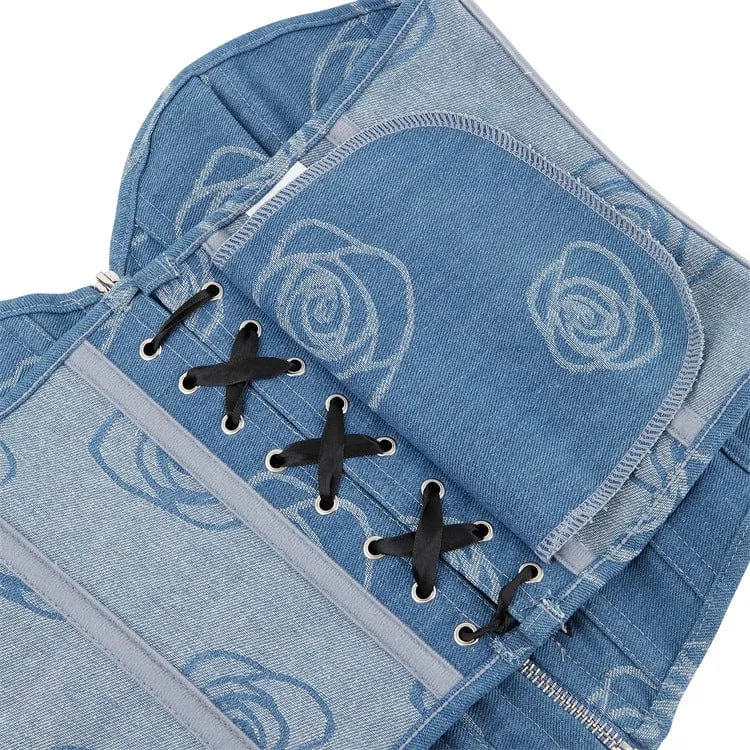 Damen Grunge Zipper Rose Denim Überbrustkorsett