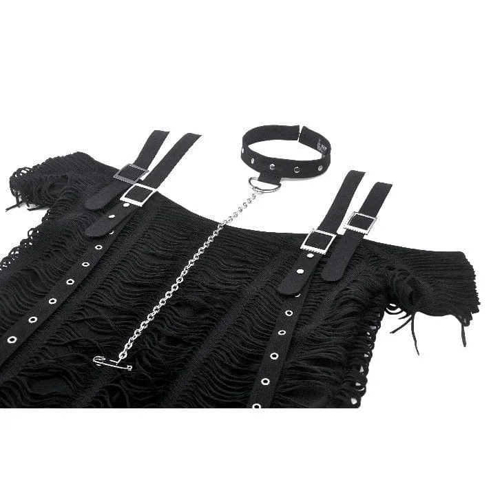 Schulterfreies, zerrissenes Punk-T-Shirt für Damen mit abnehmbarem Halsband