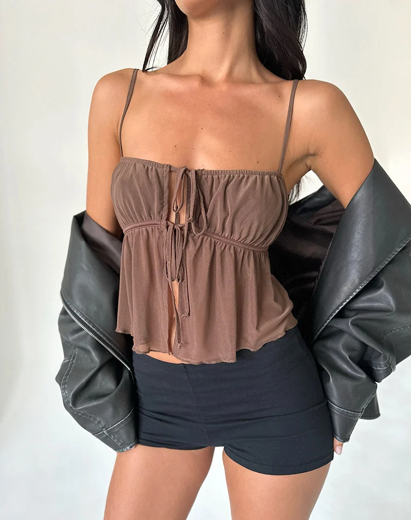 Carmina Tie Front Cami Top aus Mesh Braun