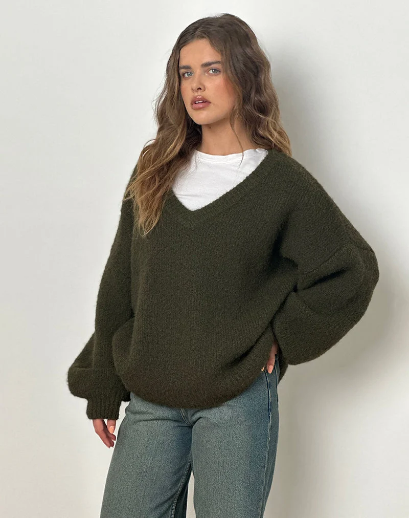 Asato Pullover mit klobigem V-Ausschnitt in gebürstetem Khaki