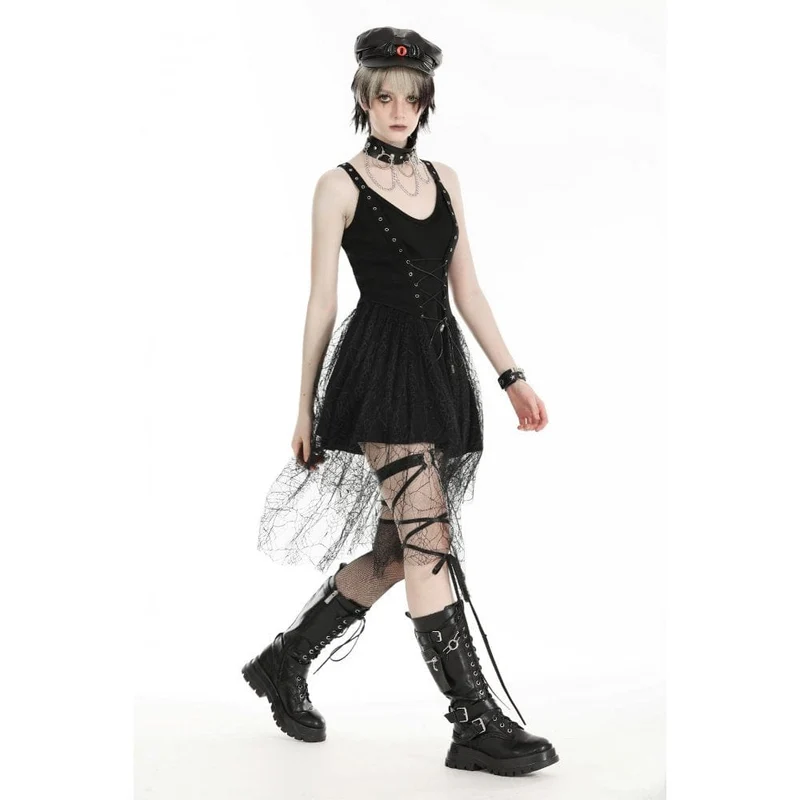 Damen-Slipkleid im Gothic-Stil mit tiefem Ausschnitt und Spinnen-Mesh-Splice-Motiv