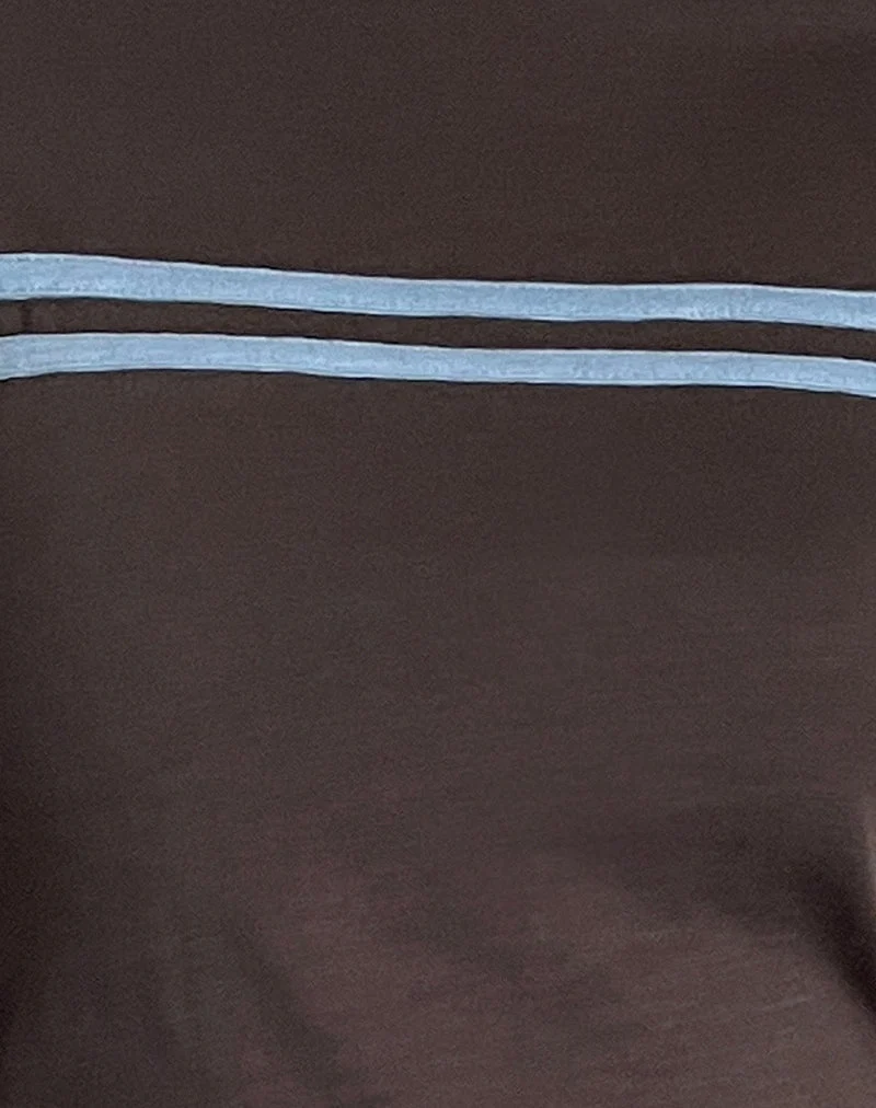 Bonjita Langarm-Top in Schokoladenbraun mit aschblauem Zwei-Streifen-Band