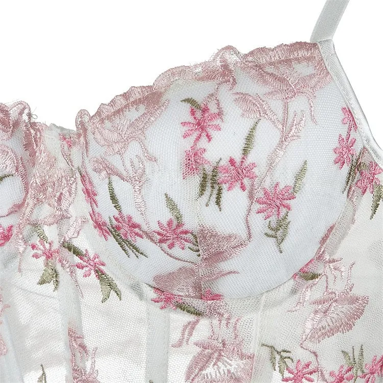 Damen-Overbust-Korsett aus Netzstoff mit Vintage-Blumenstickerei