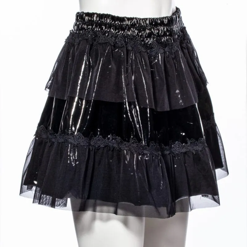 Damen-Rock aus Lackleder mit Punk-Blumenstickerei, Netzspleiß