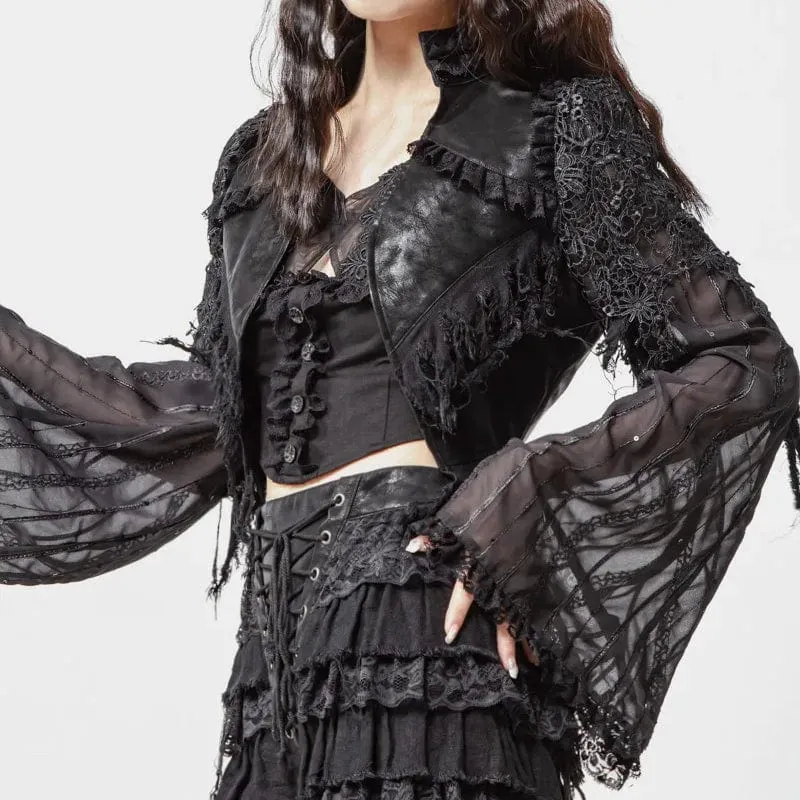 Schwarze Gothic-Jacke aus Kunstleder mit ausgestellten Ärmeln für Damen