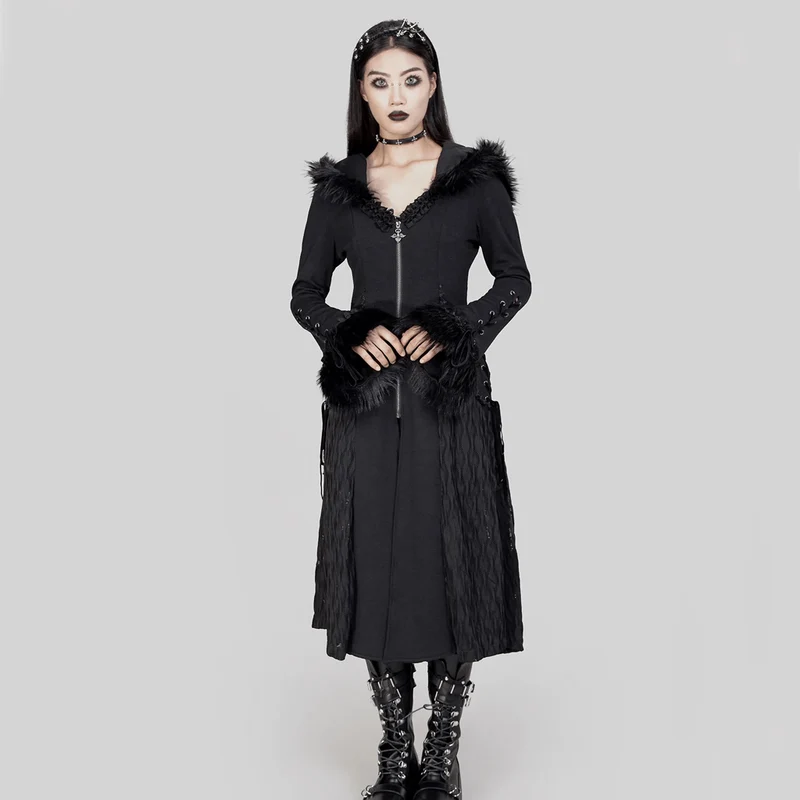 Damen-Gothic-Mantel mit ausgestellten Ärmeln und Spleißimitat aus Kunstpelz mit Kapuze