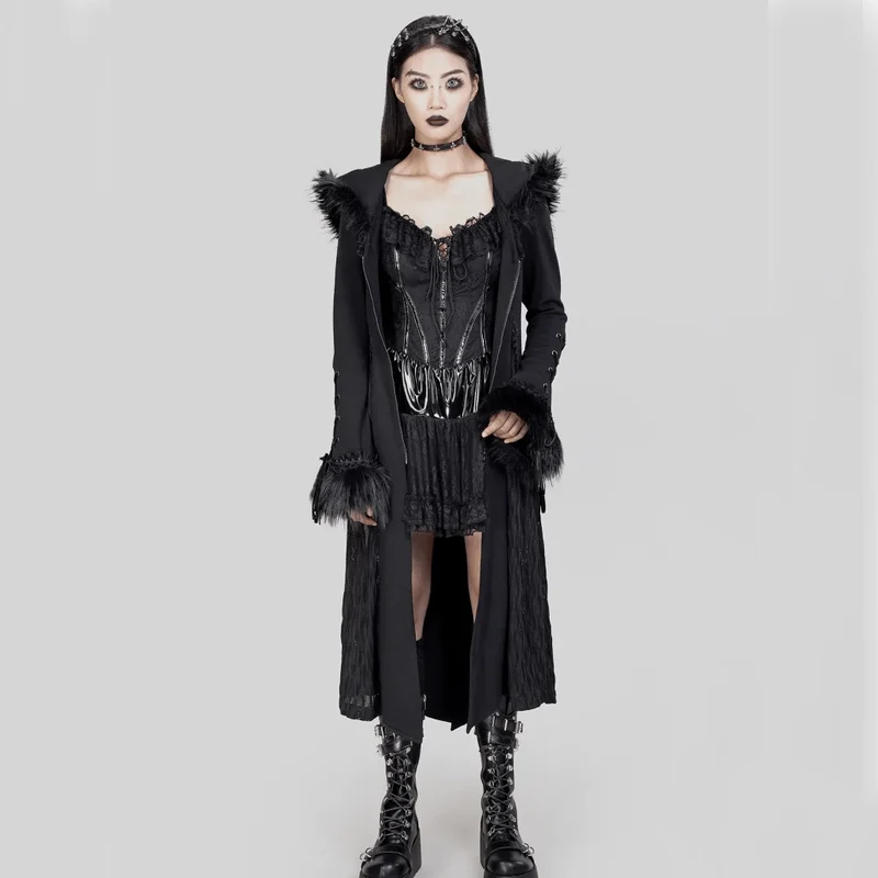 Damen-Gothic-Mantel mit ausgestellten Ärmeln und Spleißimitat aus Kunstpelz mit Kapuze