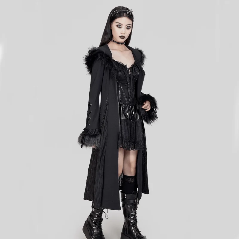 Damen-Gothic-Mantel mit ausgestellten Ärmeln und Spleißimitat aus Kunstpelz mit Kapuze