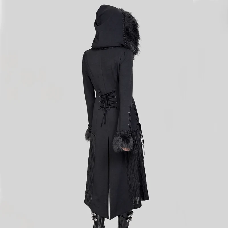 Damen-Gothic-Mantel mit ausgestellten Ärmeln und Spleißimitat aus Kunstpelz mit Kapuze