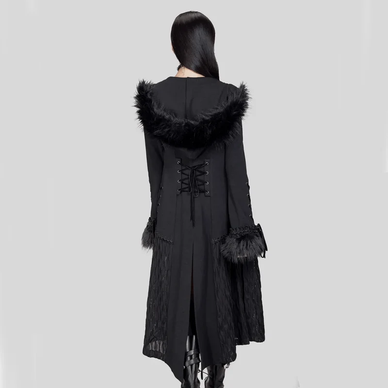 Damen-Gothic-Mantel mit ausgestellten Ärmeln und Spleißimitat aus Kunstpelz mit Kapuze