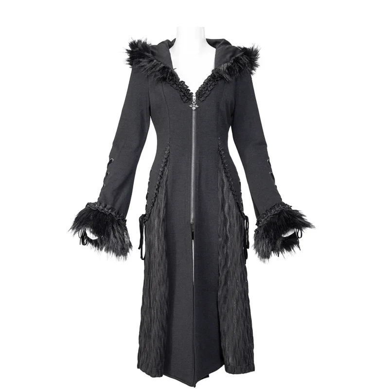 Damen-Gothic-Mantel mit ausgestellten Ärmeln und Spleißimitat aus Kunstpelz mit Kapuze