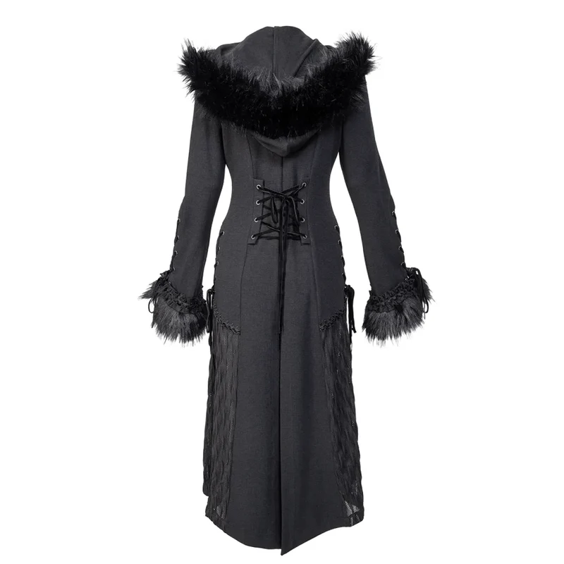 Damen-Gothic-Mantel mit ausgestellten Ärmeln und Spleißimitat aus Kunstpelz mit Kapuze