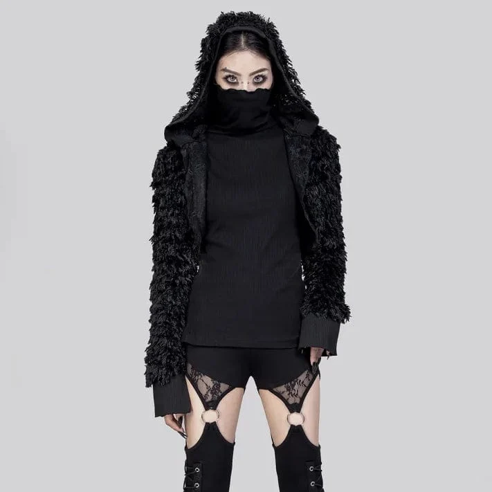 Unregelmäßige Punk-Kunstpelzjacke für Damen mit Kapuze