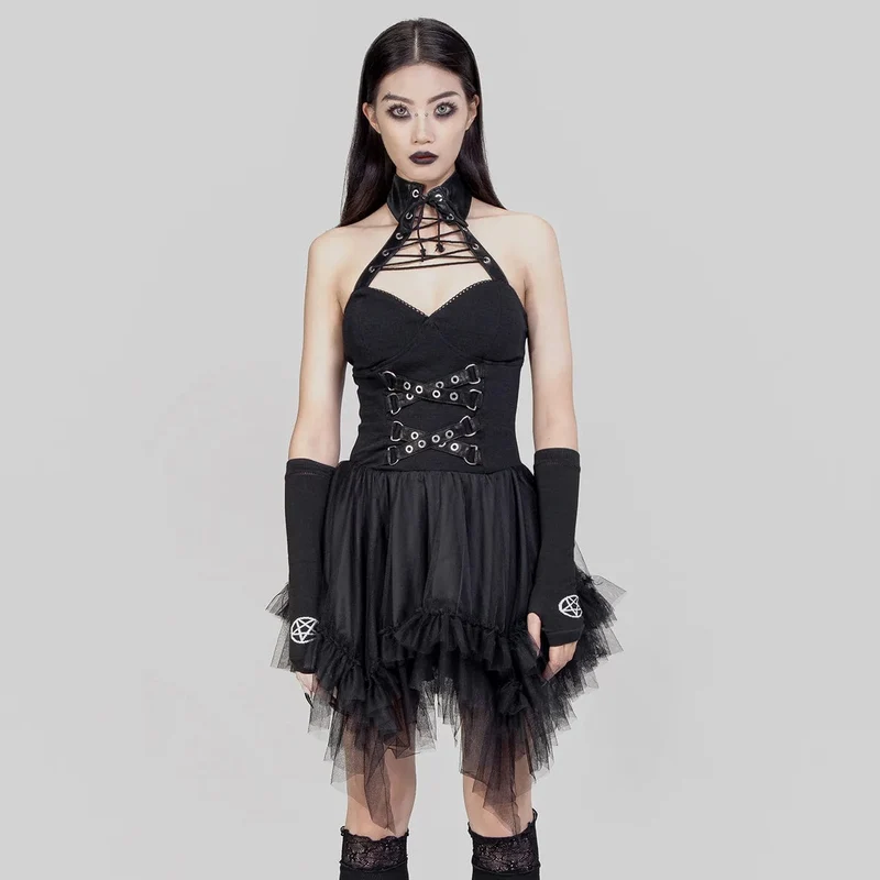 Gothic unregelmäßiges Neckholder-Kleid mit Rüschen für Damen