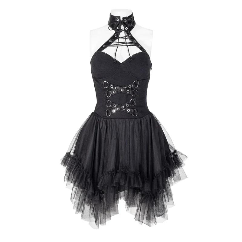 Gothic unregelmäßiges Neckholder-Kleid mit Rüschen für Damen