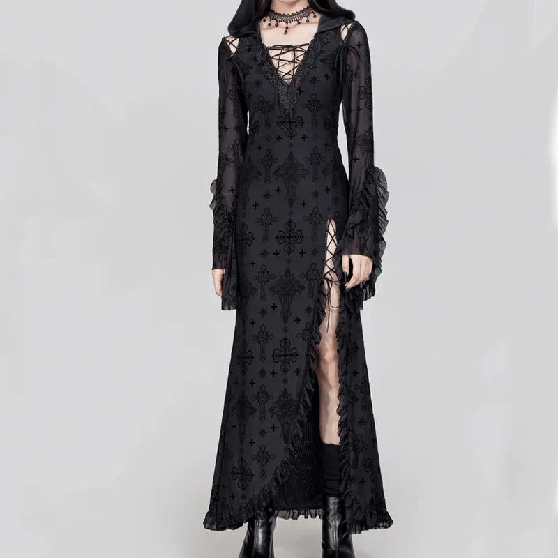 Damen-Gothic-Kleid mit tiefem Ausschnitt, ausgestellten Ärmeln und Kapuze