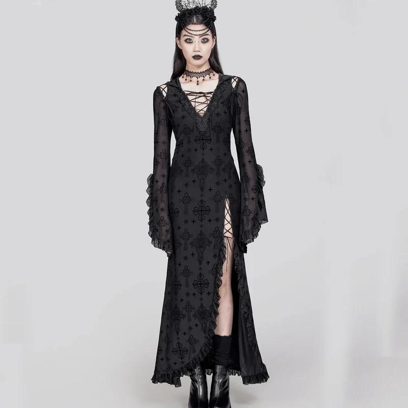 Damen-Gothic-Kleid mit tiefem Ausschnitt, ausgestellten Ärmeln und Kapuze