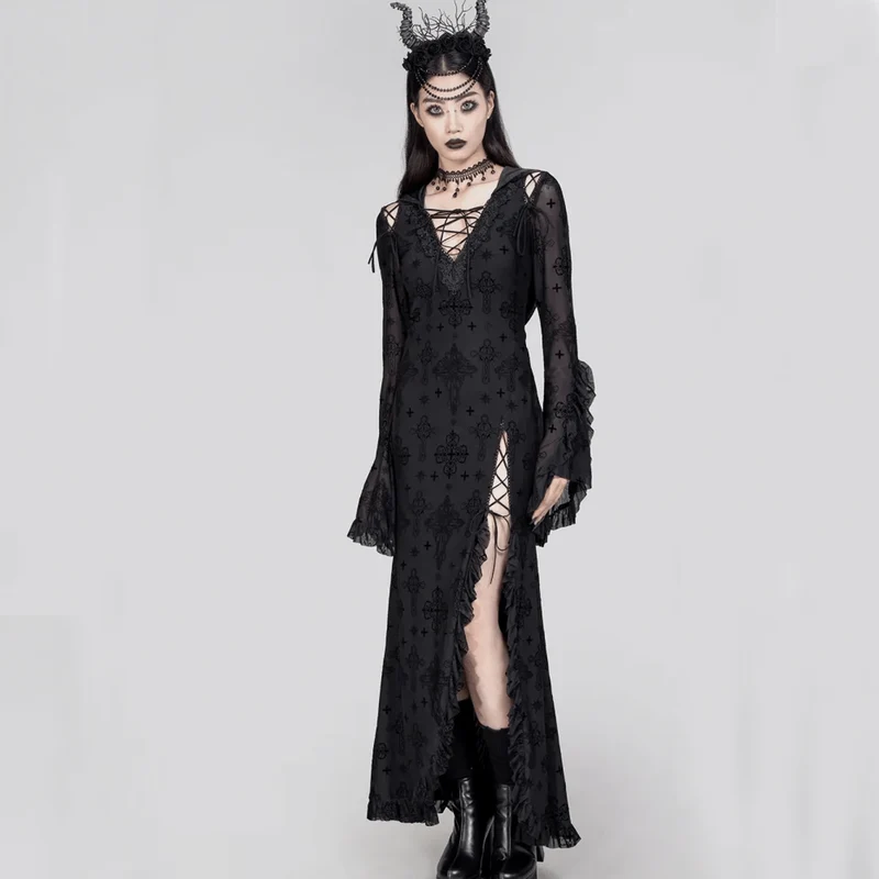Damen-Gothic-Kleid mit tiefem Ausschnitt, ausgestellten Ärmeln und Kapuze