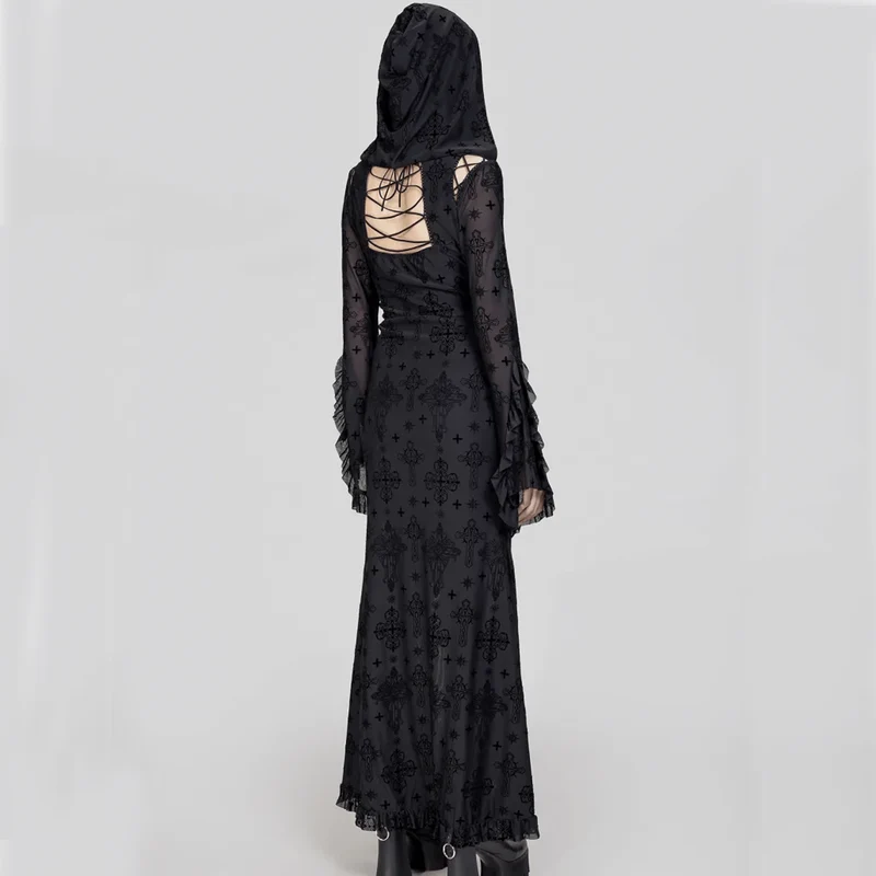 Damen-Gothic-Kleid mit tiefem Ausschnitt, ausgestellten Ärmeln und Kapuze