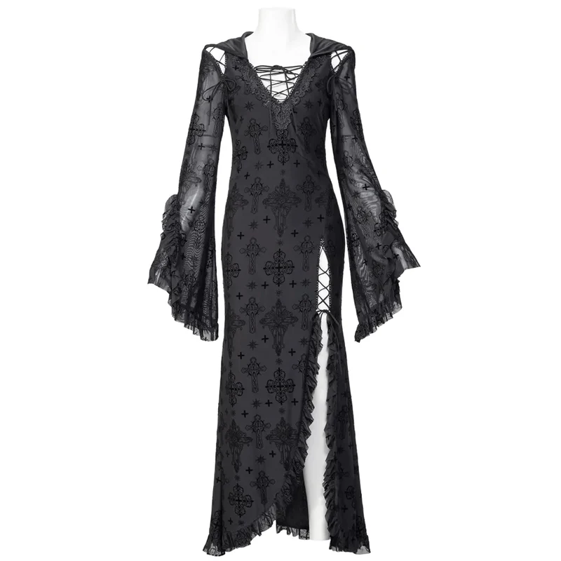 Damen-Gothic-Kleid mit tiefem Ausschnitt, ausgestellten Ärmeln und Kapuze