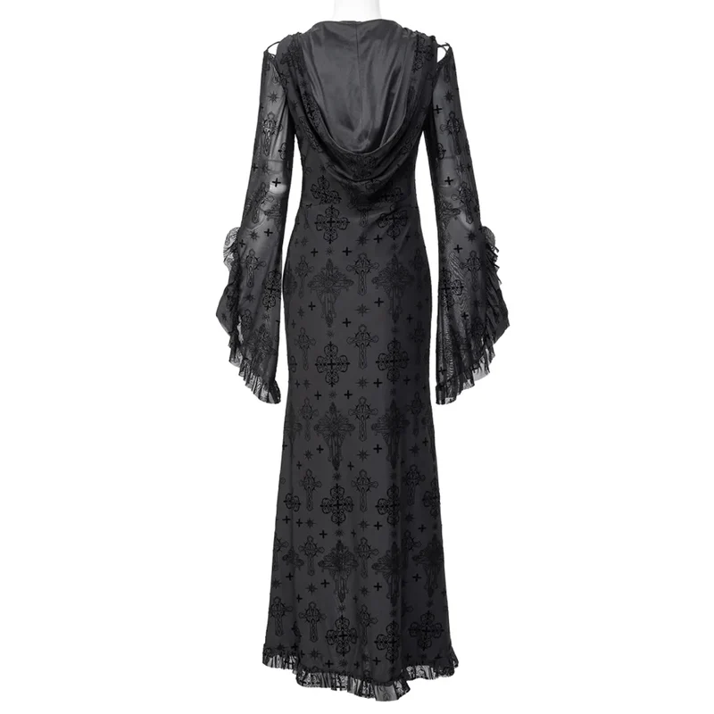 Damen-Gothic-Kleid mit tiefem Ausschnitt, ausgestellten Ärmeln und Kapuze