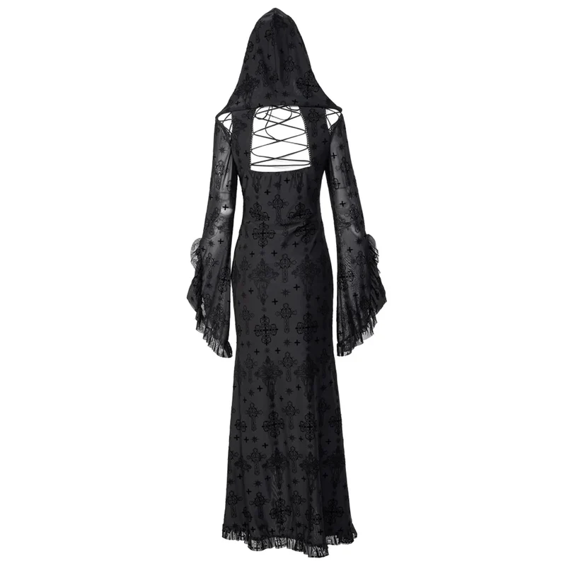 Damen-Gothic-Kleid mit tiefem Ausschnitt, ausgestellten Ärmeln und Kapuze