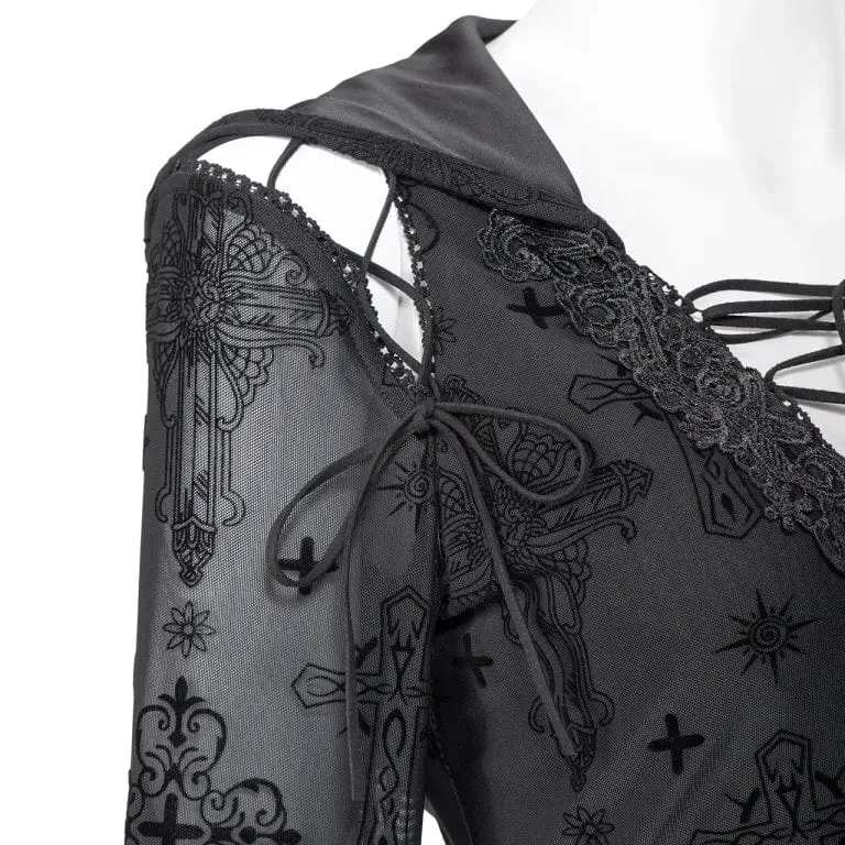 Damen-Gothic-Kleid mit tiefem Ausschnitt, ausgestellten Ärmeln und Kapuze