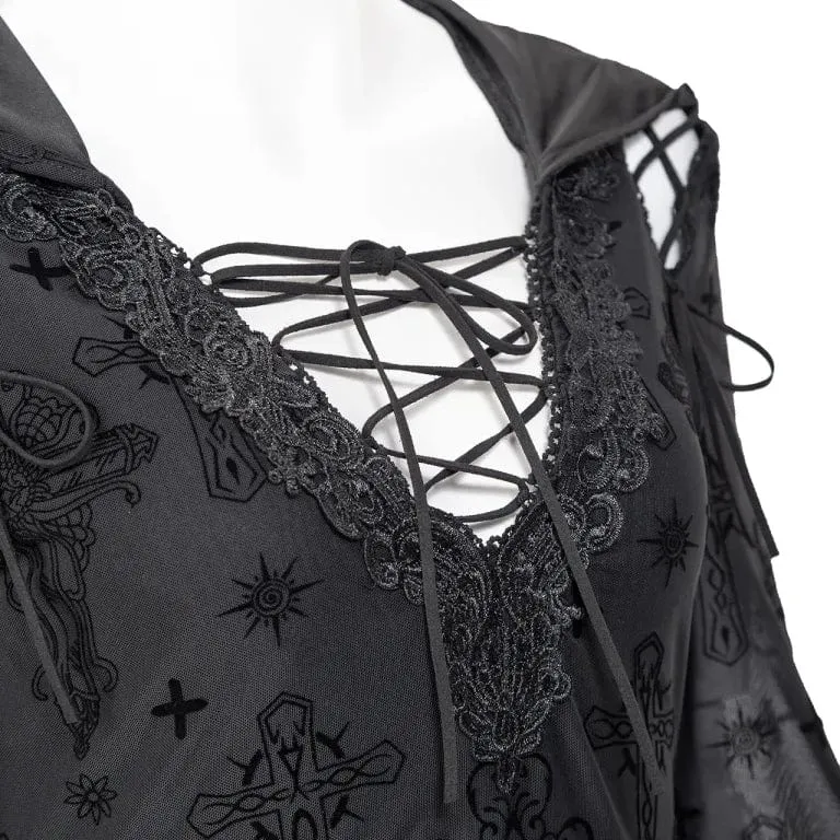 Damen-Gothic-Kleid mit tiefem Ausschnitt, ausgestellten Ärmeln und Kapuze