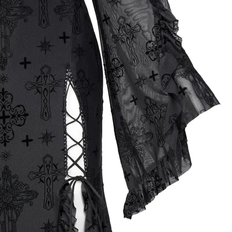 Damen-Gothic-Kleid mit tiefem Ausschnitt, ausgestellten Ärmeln und Kapuze