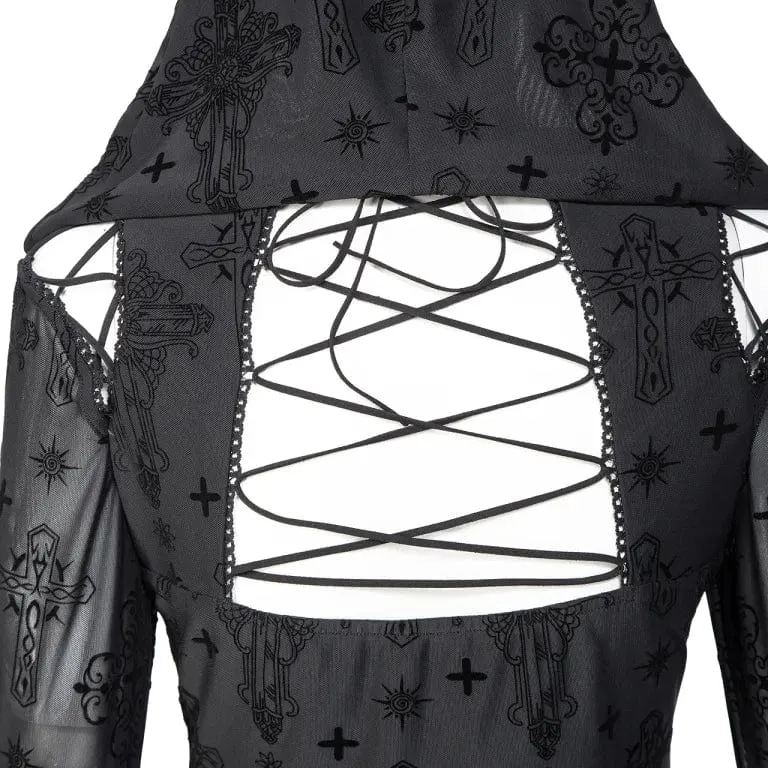 Damen-Gothic-Kleid mit tiefem Ausschnitt, ausgestellten Ärmeln und Kapuze