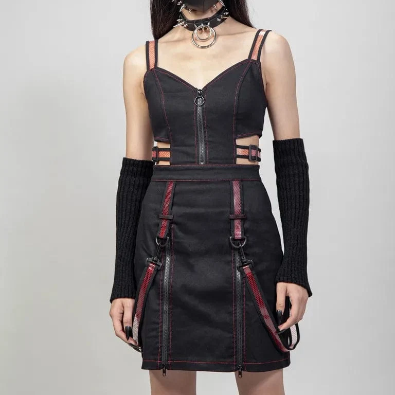 Damen-Slip-Kleid mit Punk-Ausschnitt, Trägern und Reißverschluss, Rot