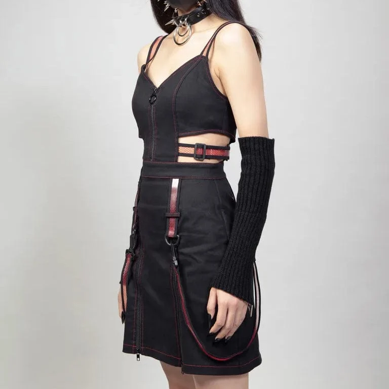 Damen-Slip-Kleid mit Punk-Ausschnitt, Trägern und Reißverschluss, Rot