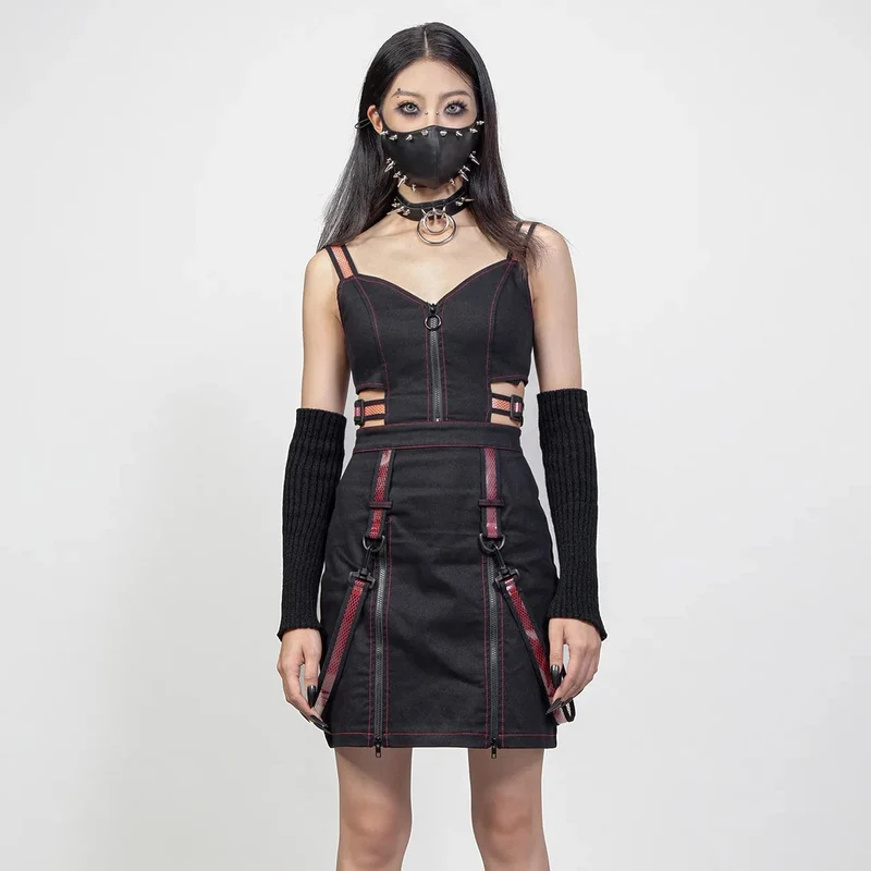 Damen-Slip-Kleid mit Punk-Ausschnitt, Trägern und Reißverschluss, Rot