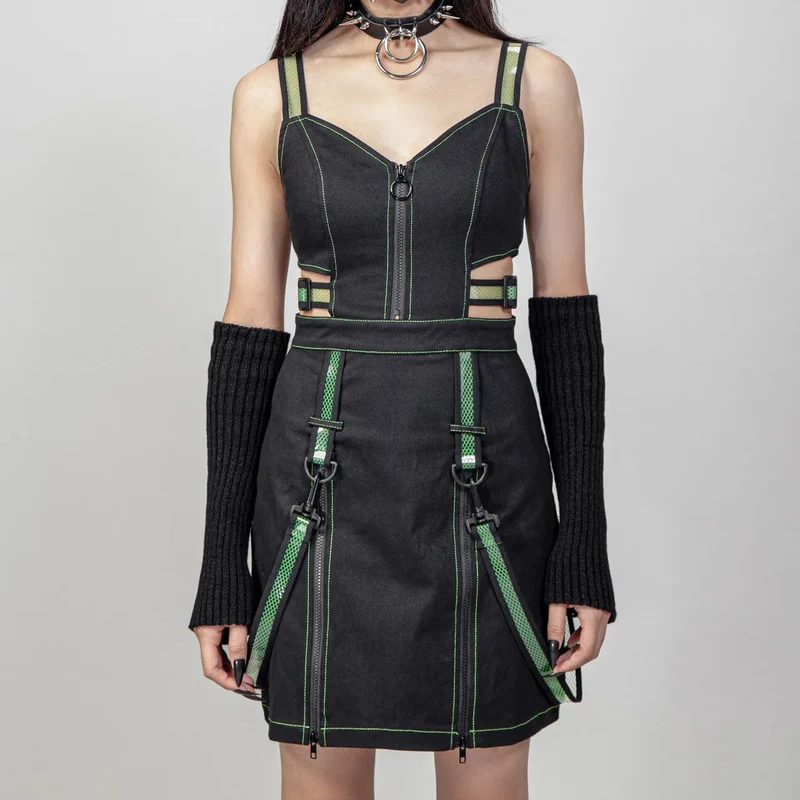 Punk-Slipkleid mit Trägern und Reißverschluss für Damen in Grün