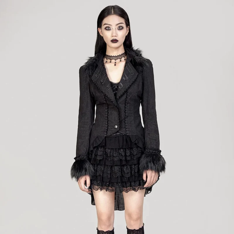Gothic-Mantel mit gerüschtem Spitzenspleiß und Schwalbenschwanz für Damen