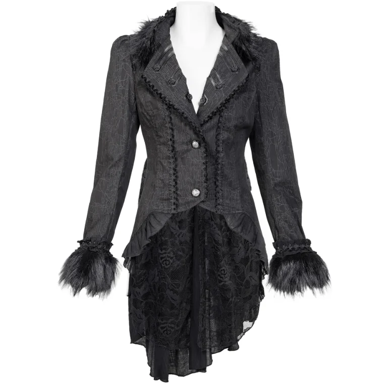 Gothic-Mantel mit gerüschtem Spitzenspleiß und Schwalbenschwanz für Damen