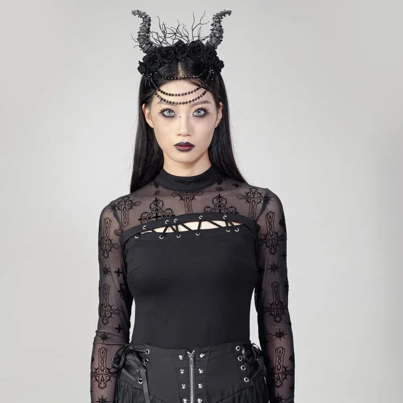 Gothic-Kopfbedeckung mit gehörnten Perlen und Rosen für Damen