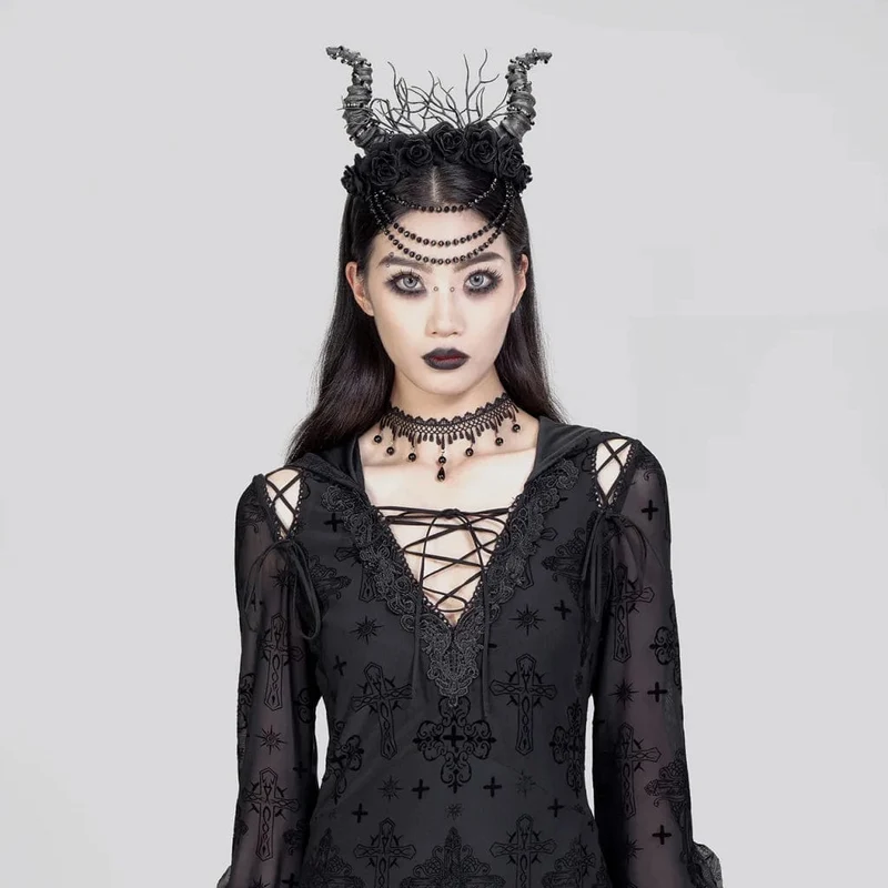 Gothic-Kopfbedeckung mit gehörnten Perlen und Rosen für Damen