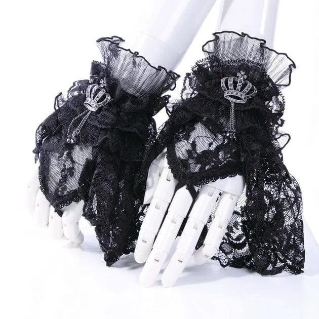 Damen Gothic Crown Halbfinger-Handschuhe aus gerüschter Spitze Schwarz