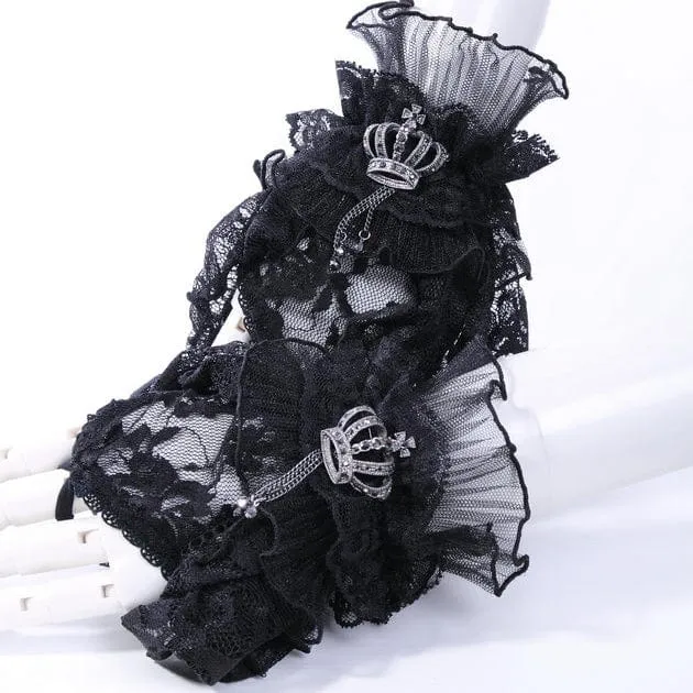 Damen Gothic Crown Halbfinger-Handschuhe aus gerüschter Spitze Schwarz